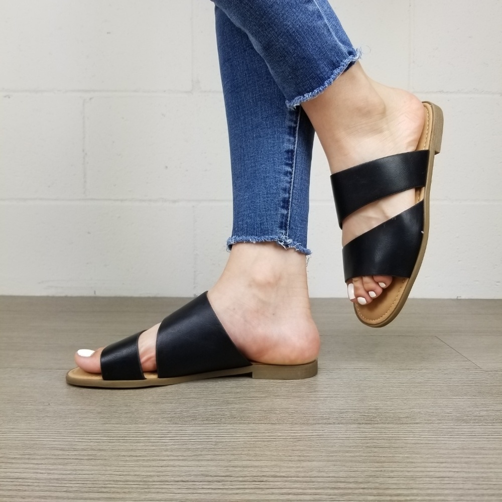 Black Vegan Leather Flat Comfort Sandals - Picture 5 of 7